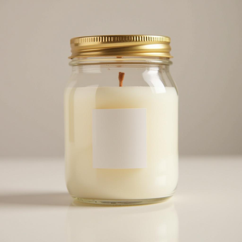 een kaars met lont in een glazen pot met een gouden deksel